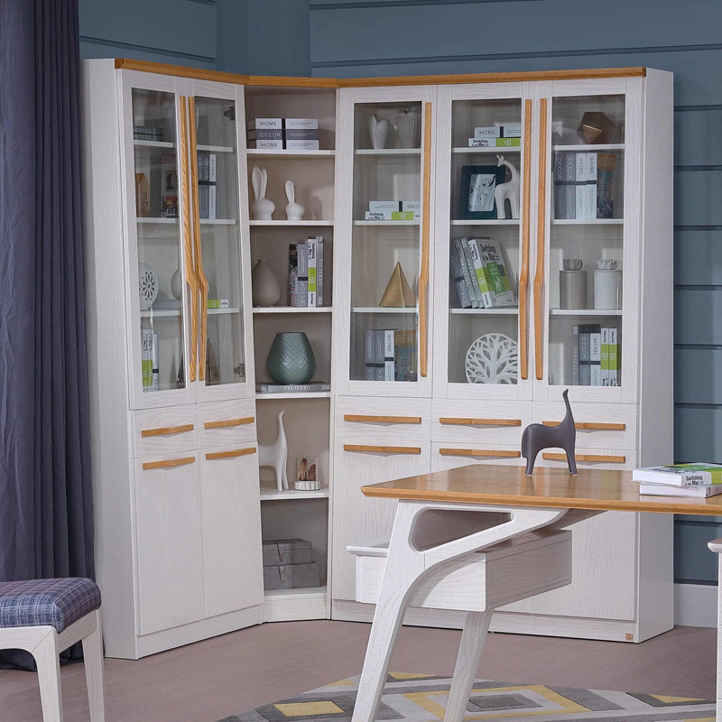 纯实木转角组合书柜带玻璃门白色红橡原木二三门组合柜家用1.2米m