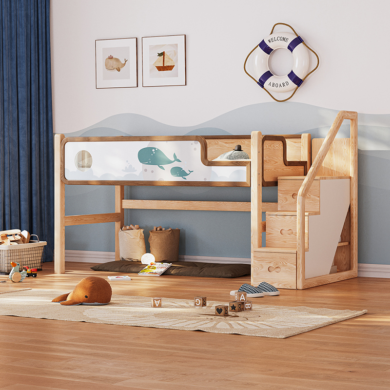 优漫居白蜡木中高床儿童实木多功能男孩女孩半高床小户型带梯柜