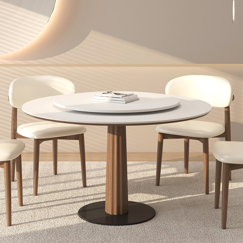 德利丰实木岩板圆桌小户型家用现代简约带转盘大圆岩板餐桌椅组合