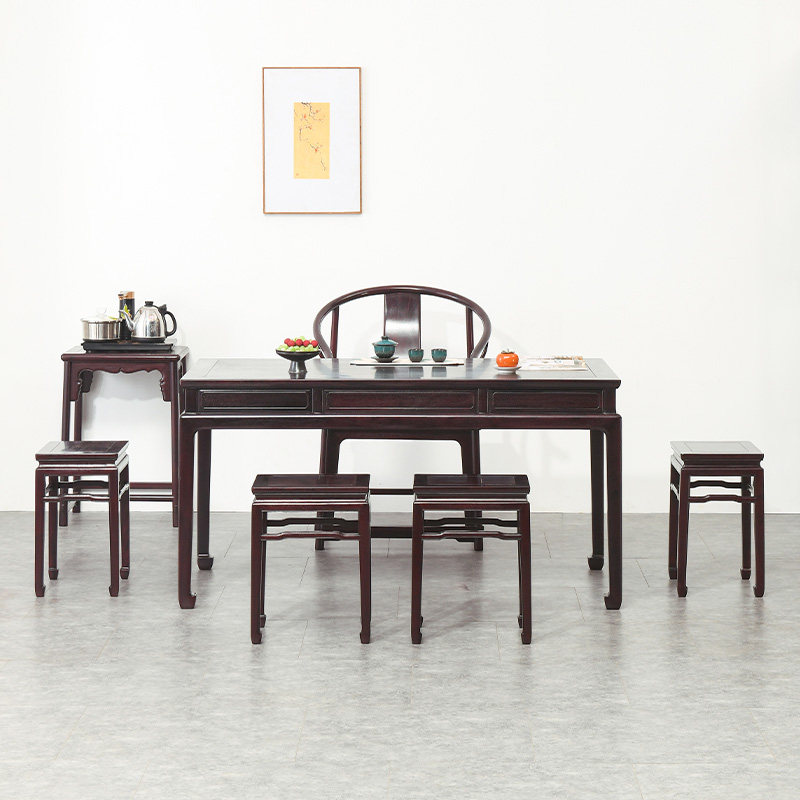 赞比亚血檀茶桌中式全实木书桌功夫茶几两用红木阳台桌干泡茶台小
