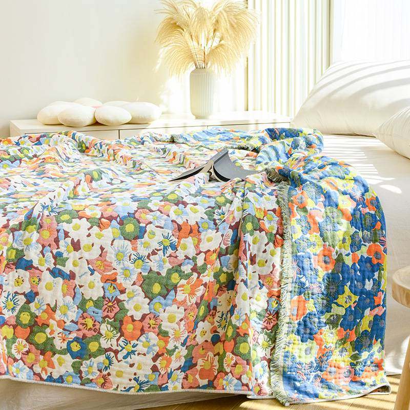 流苏棉纱布毛巾被花卉夏凉被午休毯四季通用沙发毯柔软亲肤盖毯