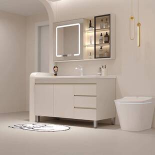 浴室柜卫生间奶油风洗手洗漱洗脸盆实木智能落地式洗手池陶瓷一体