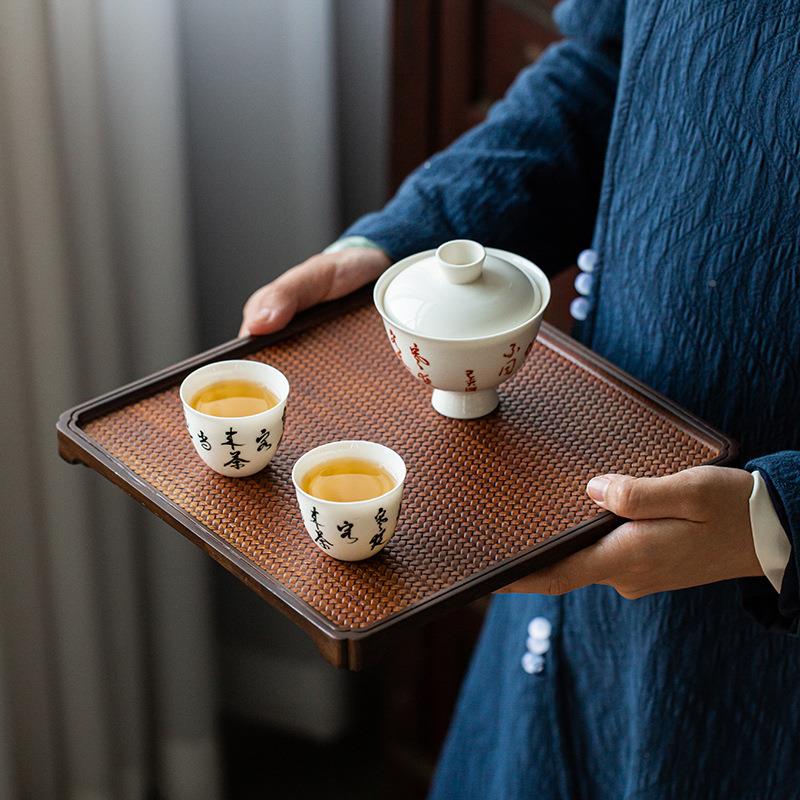 001重竹编纹约干泡盘长方形茶盘竹家制席面用简功夫形茶台茶圆托