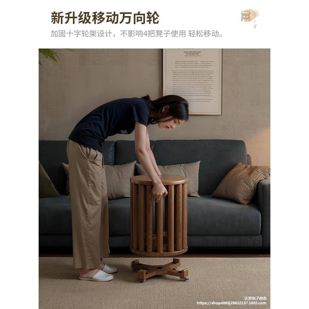 实木凳子可叠放圆凳家用叠叠乐备用餐桌板凳收纳万向滑轮椅子