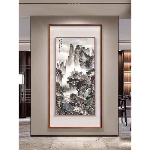 玄关竖版装饰画新中式入MWV户走廊道挂画室书房壁画山复水过古茶