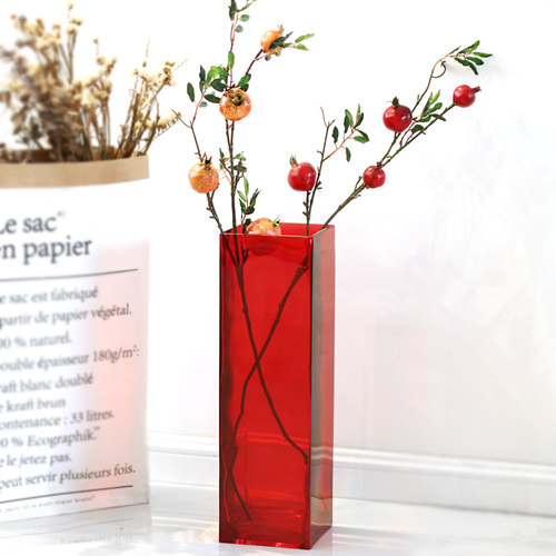 方形红色玻璃花瓶绿萝水培富贵竹大号落地家居软装花器40 50 60cm