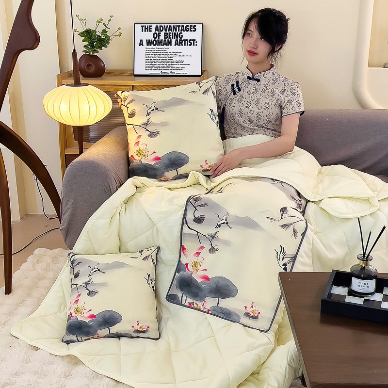 水墨风亚麻抱枕被两用二合一办公室午睡毯子车载靠垫枕多功能盖毯