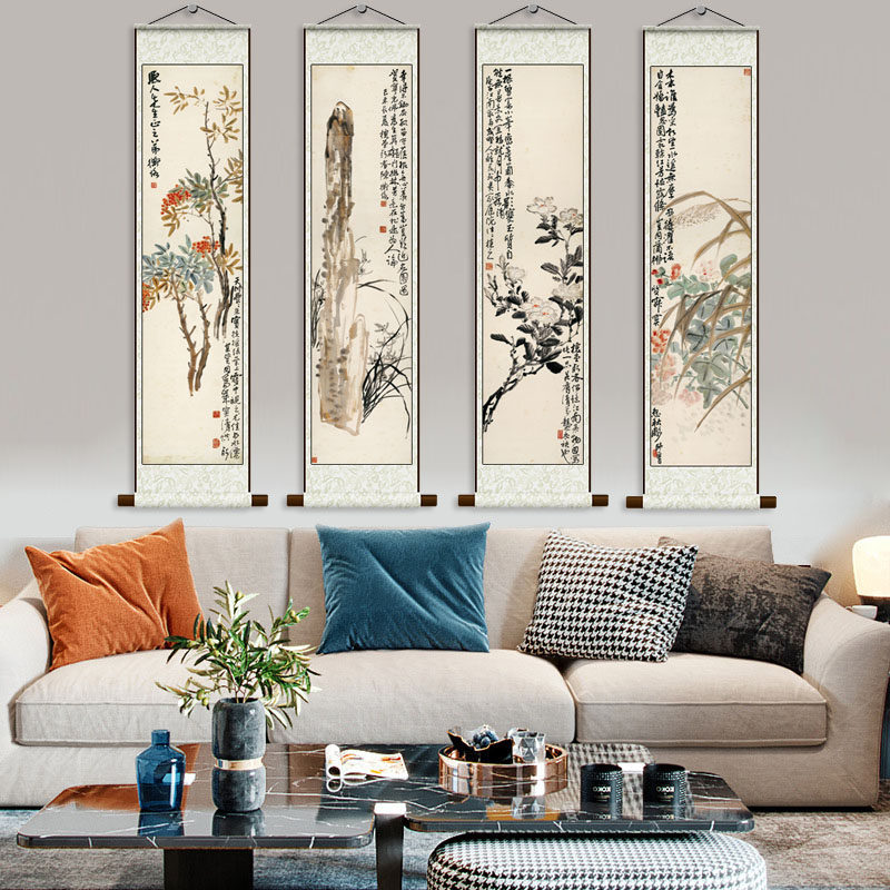 名家细长花鸟画丝绸画博古花卉四条屏卷轴画仿古装饰画绢画布艺画