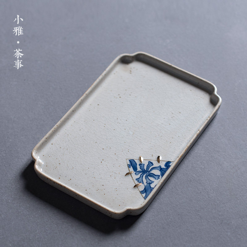 小雅 仿古金缮青花干泡盘复古小茶盘陶瓷功夫茶道零配茶承茶杯托
