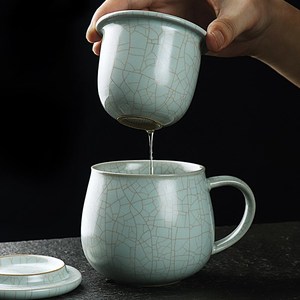 天青色汝窑茶杯陶瓷带盖过滤茶水分离杯办公杯个人陶瓷水杯办公用