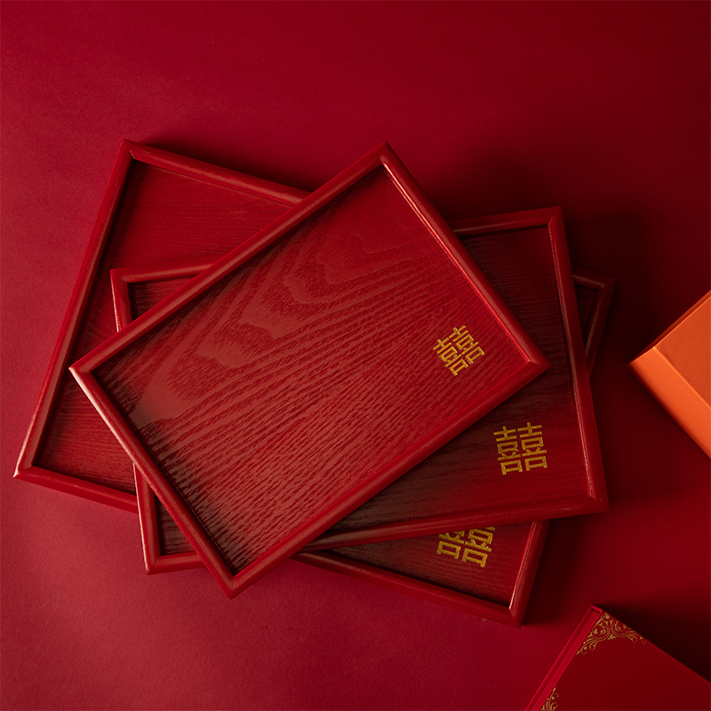 happylove婚庆红色托盘结婚敬茶杯木质茶盘长方形圆形敬酒盘子