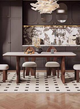 法式复古CZ-007实户木长方形涟漪饭桌蜡木小家型岩板餐桌白餐厅用