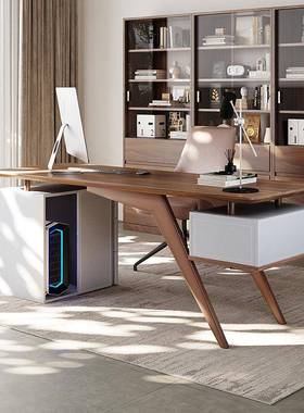 意式公轻奢书实木马鞍皮办桌家用GIB桌房中古风高端黑胡桃木书电