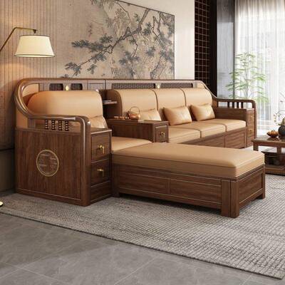 新款新中式黑胡桃木沙客发全实木现简约厅冬夏两代用家EBZ用储家