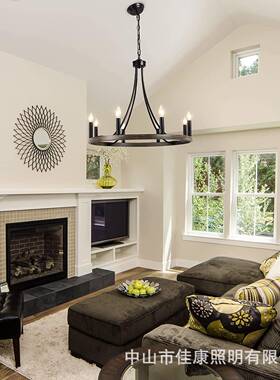 新款式美吊式农舍乡村工业风木纹色环形灯金属铁酒吧蜡餐厅95450