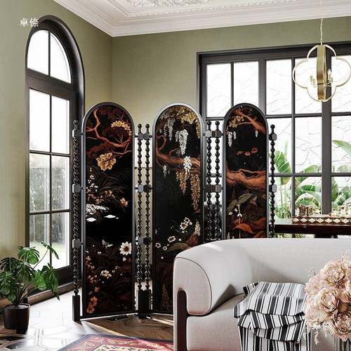 美复古式实折叠屏风YFL隔断客中厅卧室木玄关家用法式古风可移动