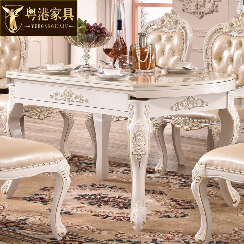 欧式实木餐桌方桌变圆桌复古小户型六人两用大理石餐台多功能伸缩