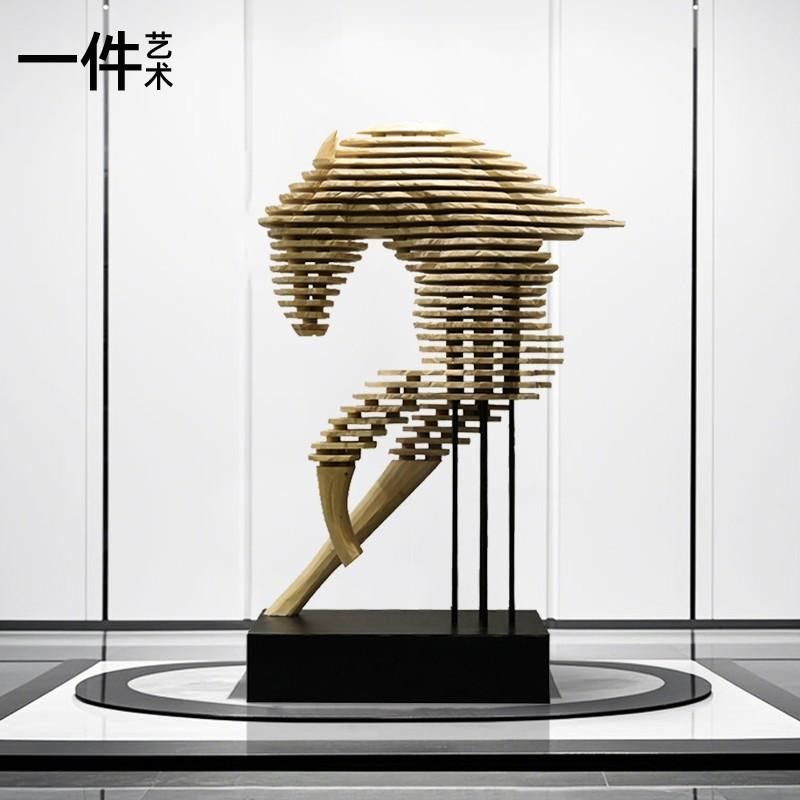 大型落地木雕马头摆件酒店商业美陈装饰动物艺术小品抽象雕塑