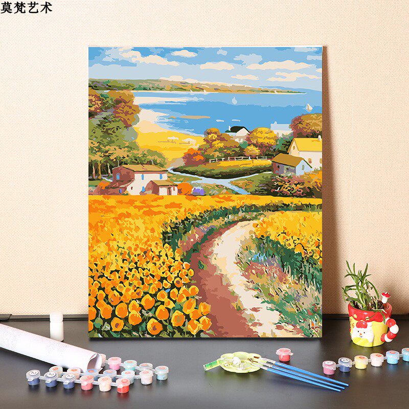 数字油画diy填充治愈海边向日葵花田小屋解闷手工填色油彩丙烯画