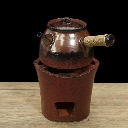红泥炭炉窑变釉耐热户外火炉煮茶炉侧把砂铫壶煮茶壶套装酒精炉