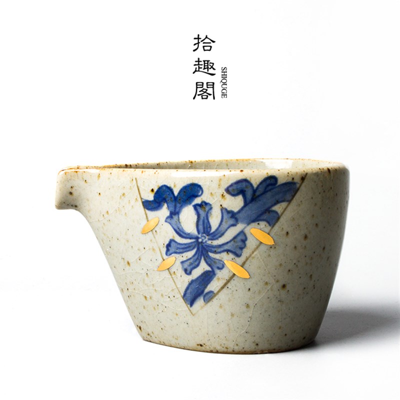 手工粗陶公道杯 仿古青花茶海功夫茶分茶器 手绘茶具开片陶瓷匀杯