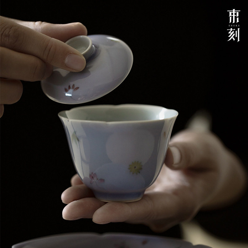 束刻新品木槿紫釉下粉彩精工手绘花口盖碗小号茶碗功夫茶具品茗杯
