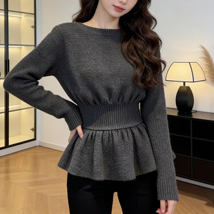 秋冬新款荷叶边掐腰显瘦单穿上衣服慵懒风灰色圆领套头针织衫女款