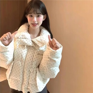 甜美波点羽绒棉服女2025冬季新款加厚面包服棉袄翻领短款棉衣外套