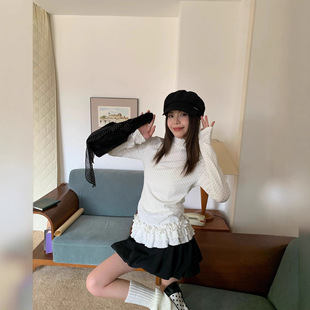 韩系半高领波点木耳花边长袖T恤女秋季修身甜美内搭外穿显瘦上衣