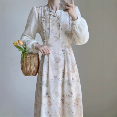 新中式国风碎花连衣裙女秋冬新款加绒加厚配大衣内搭打底旗袍长裙