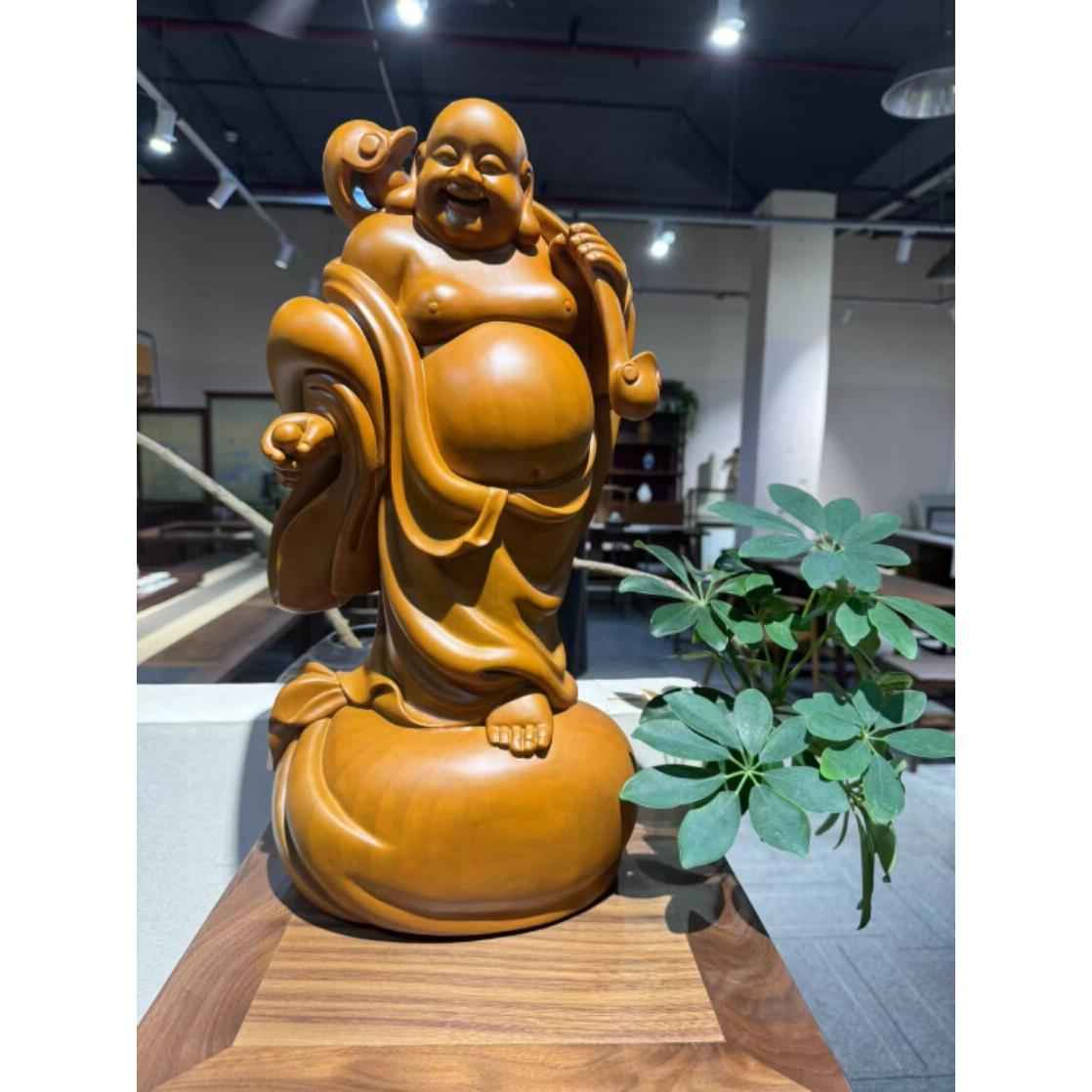 香樟木雕弥勒佛像摆件送宝如意笑佛实木红心雕刻礼家饰红木工艺品
