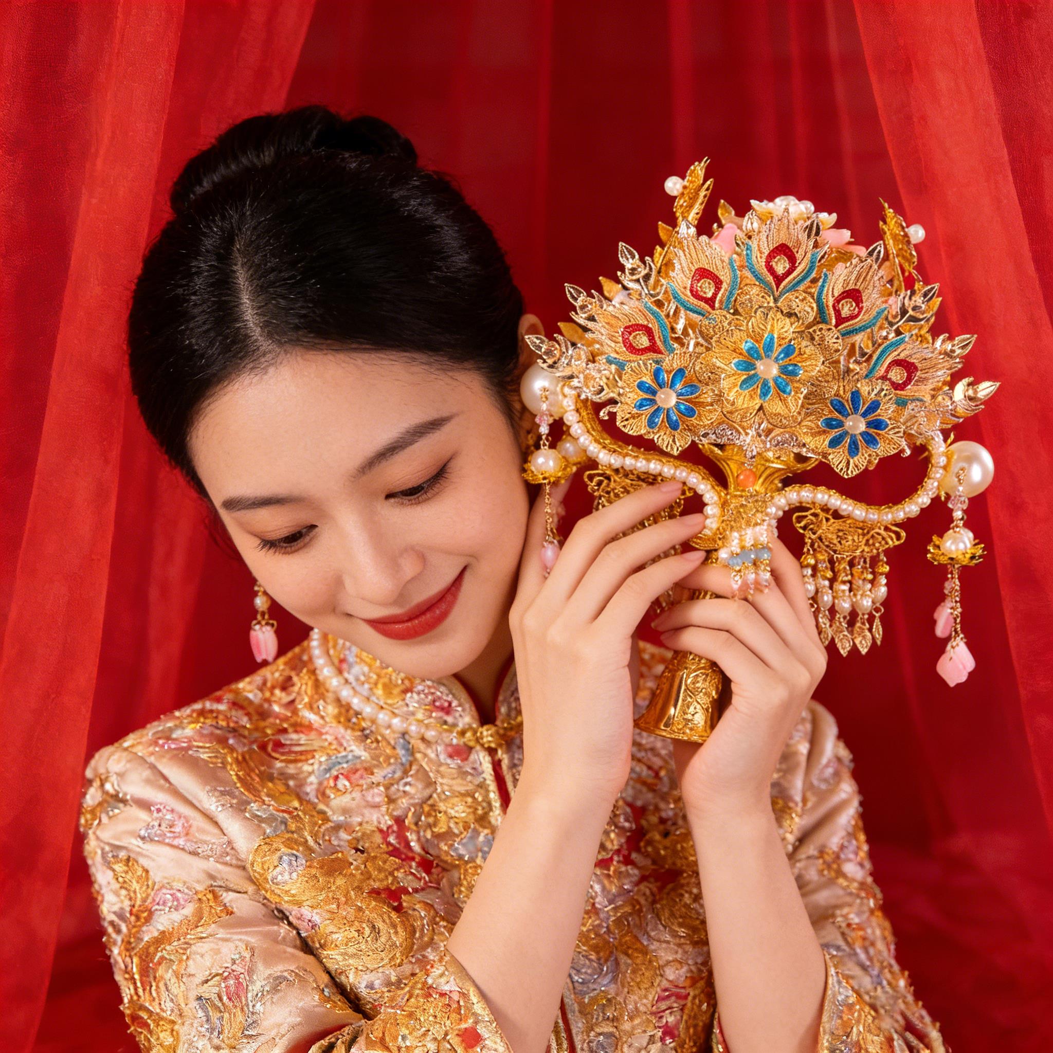 舞绣缘【今禧】金色手捧花新娘结婚diy材料接亲秀禾捧花权杖礼物