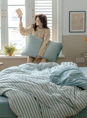 类日式AKYS天竺笠棉织条纹四件套全针棉被套纯棉裸睡床单床床上用