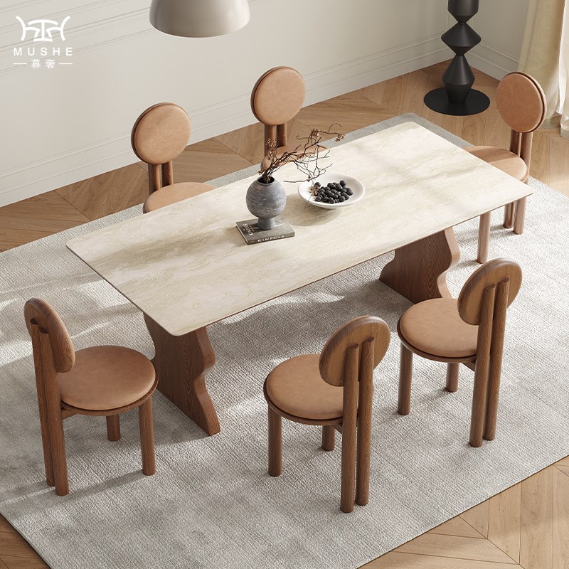 暮奢法式复古洞石岩板长方形餐桌椅简约家用小户型餐桌
