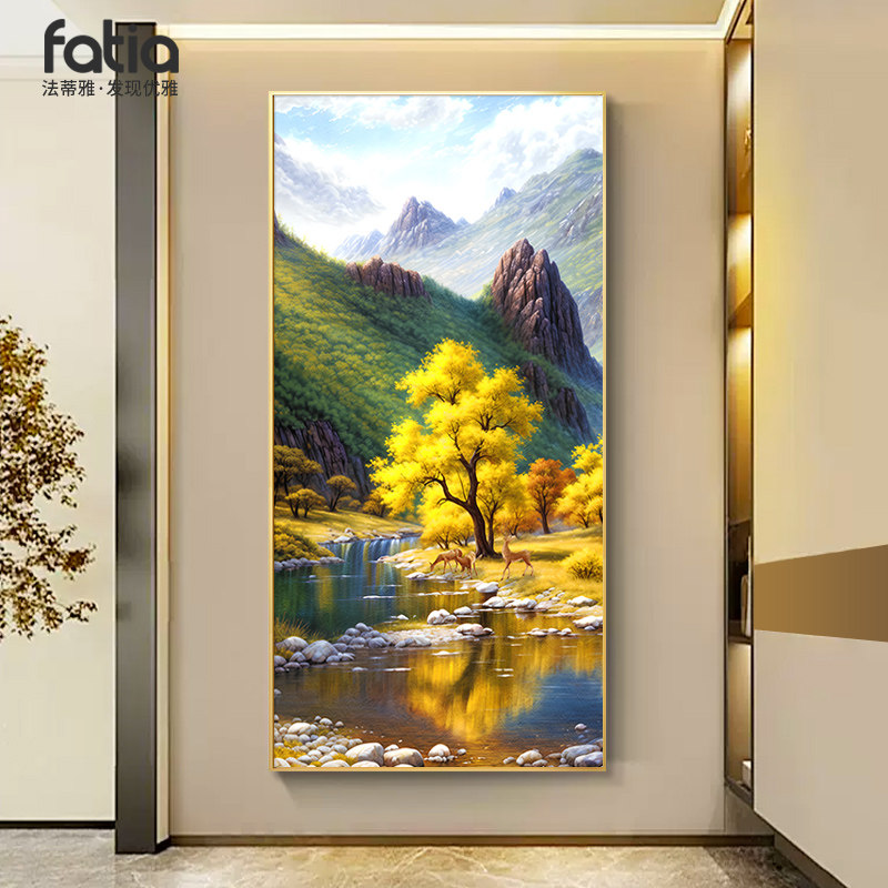 大芬村油画玄关装饰画流水生财山水风景手绘挂画走廊过道壁画竖版