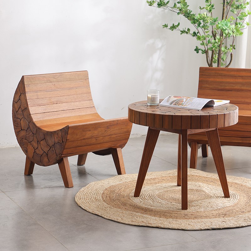 异丽实木圆形茶几复古小户型客厅沙发边几中式原木家用茶桌子