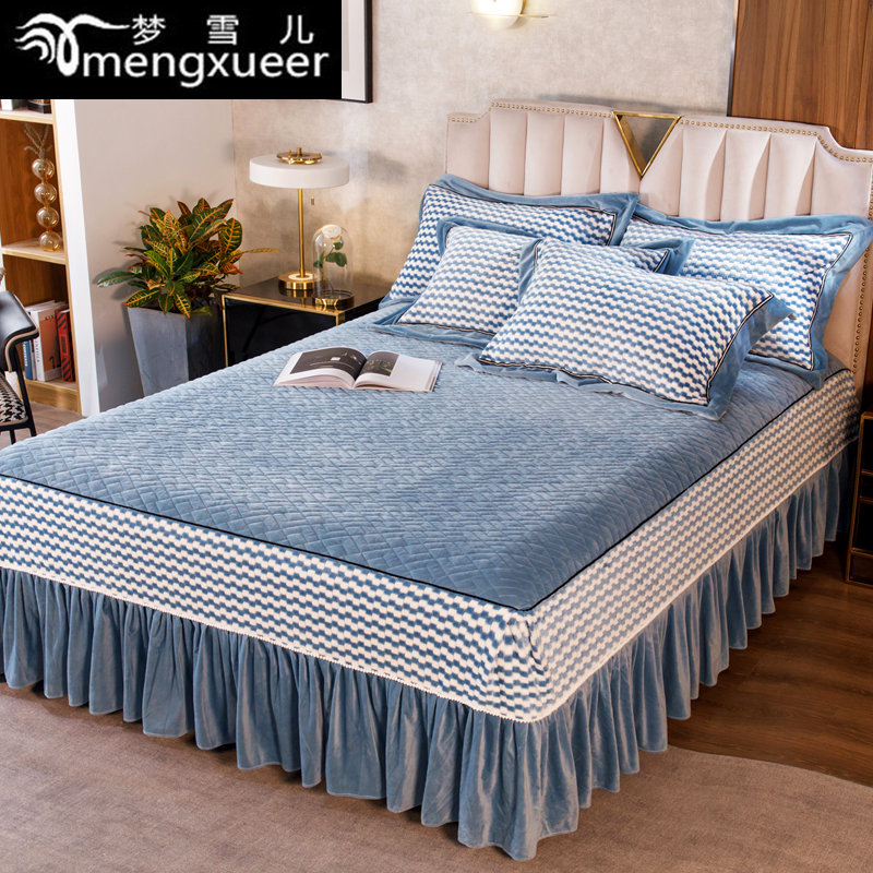 水晶绒床罩床裙式三件夹棉单件床裙罩加厚蕾丝法莱绒公主款防滑