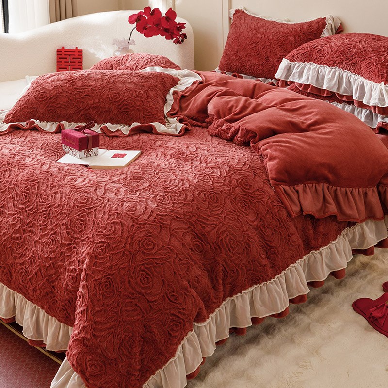 韩式婚庆雕花兔毛绒冬季四件加厚面绒结婚被床上用品