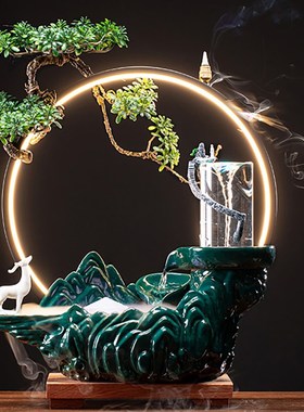 新款高山流水喷泉摆件陶瓷客厅玄关雾化加湿器招财倒流香开业礼品