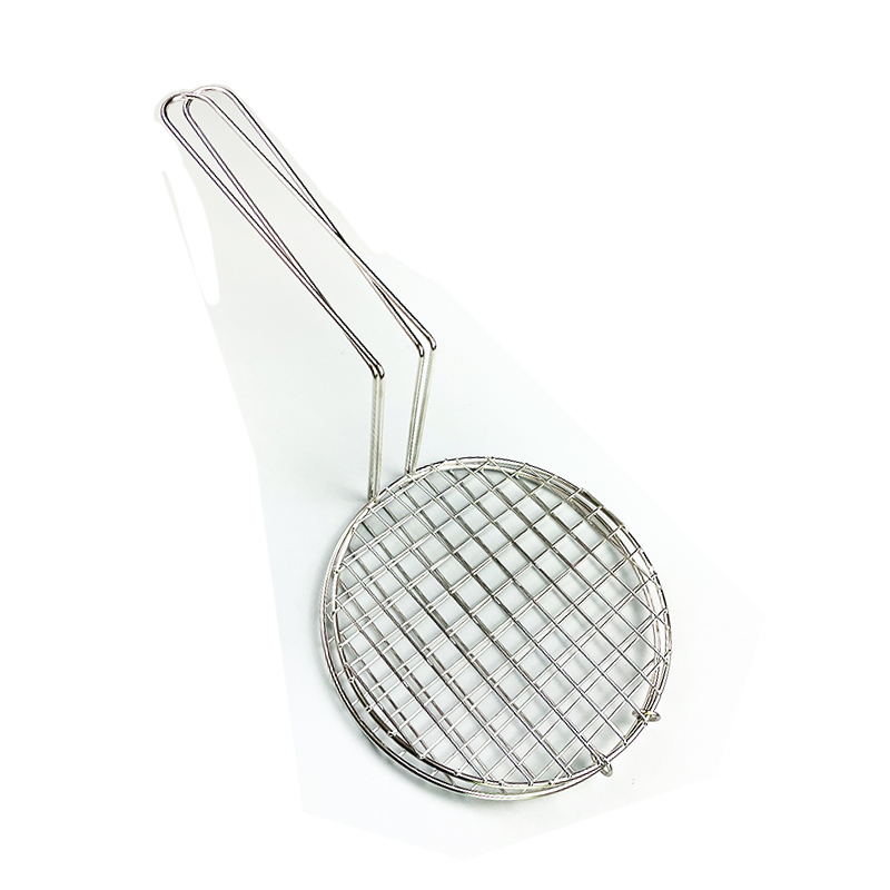 圆形不锈钢烧烤网炸鸡架网夹子带把手加粗网格不沾肉网格工具