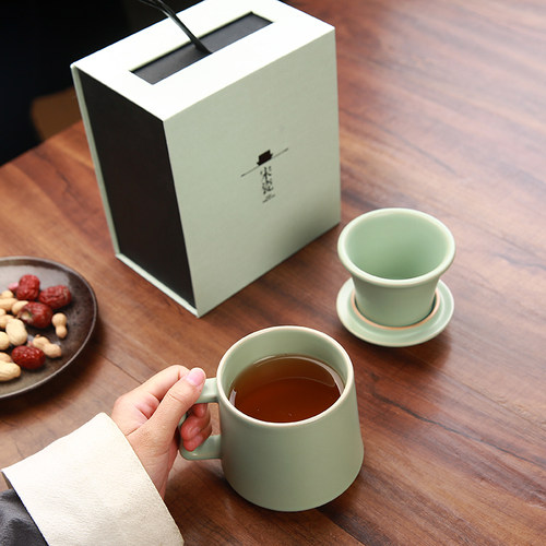 汝窑办公杯 陶瓷大号泡茶器开片汝瓷带盖带过滤茶杯办公室飘逸杯