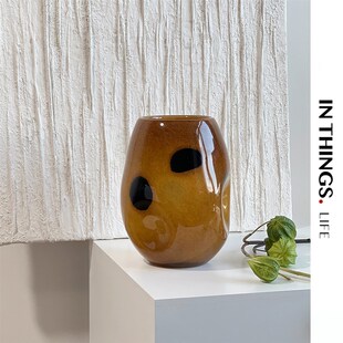INTHINGS 饰摆件玻璃花器 琥珀色中古风花瓶高级复古插花玄关装