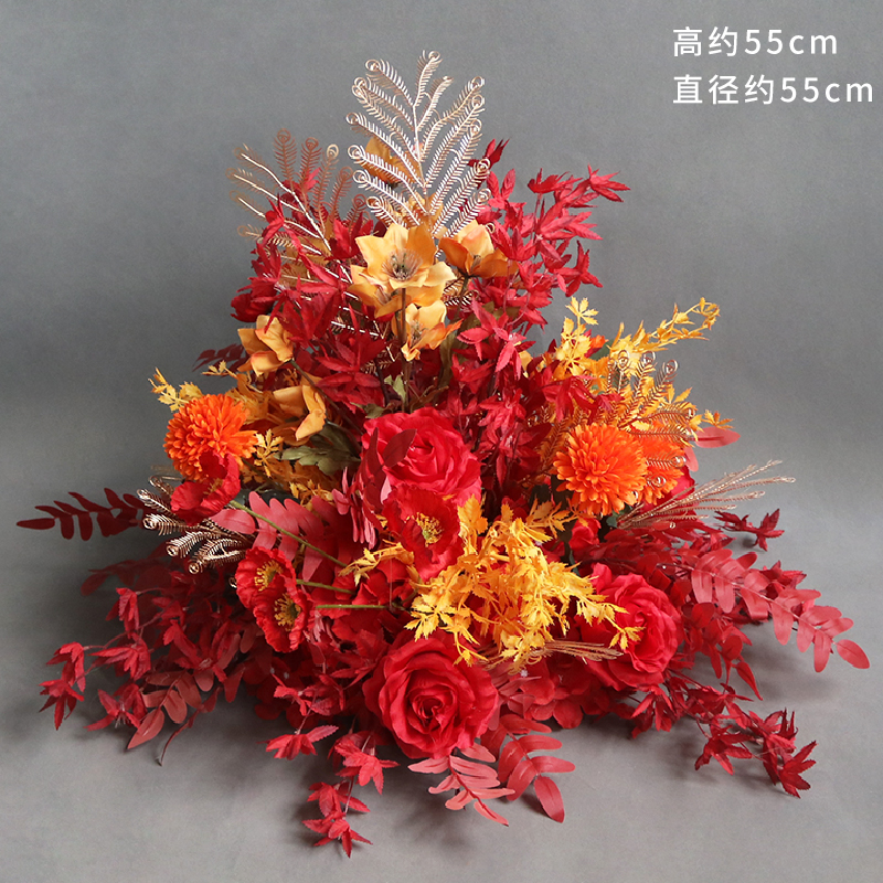 婚庆红色系路引花盆花花球T台舞台背景迎宾花桌中式婚礼堂宴会厅