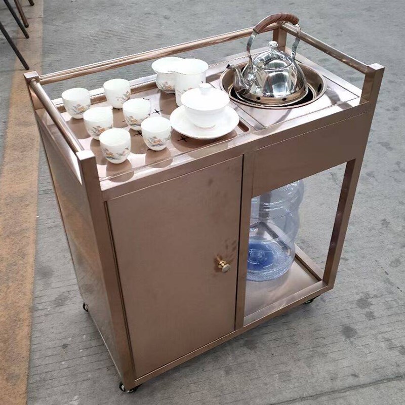 餐厅移动泡茶车桌边茶水柜酒楼不锈钢茶水车酒水车玫瑰金桌服务车