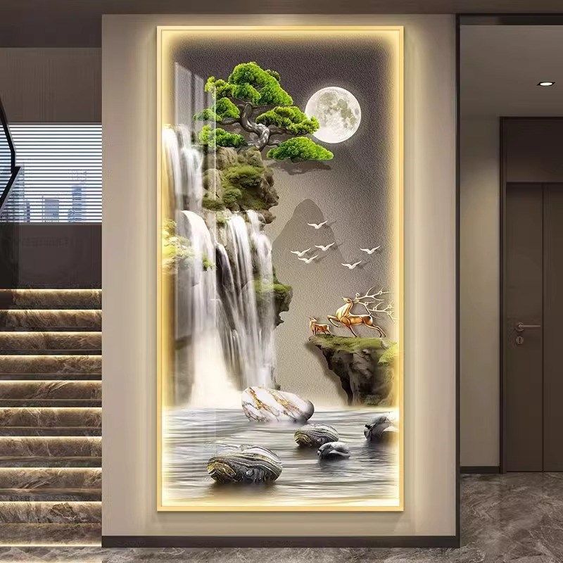 包安装进门入户玄关装饰画迎客松挂画带灯走廊过道墙壁画LED灯画