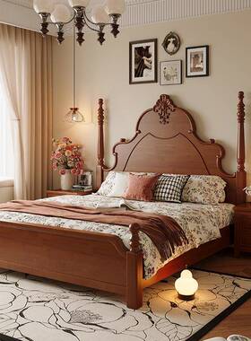 法式实木床古现代简约1米5双人床黑色复包靠.AKV81m中古软风主卧