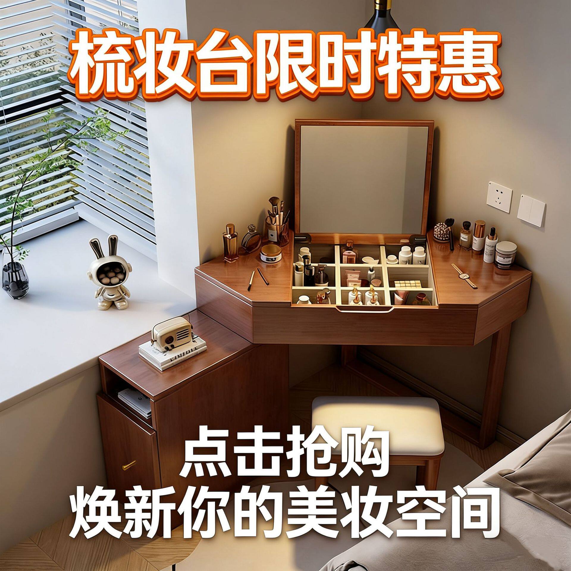 现货秒发原木中古风转角梳妆台小户型卧室省空间化妆桌收纳一体桌