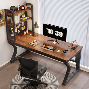 双人电脑桌台式家用卧室电竞桌学生写字桌实木书桌书架一体办公桌