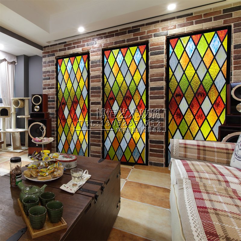 蒂凡尼艺术玻璃窗花隔断玄关天花吊顶彩色教堂玻璃复古老上海风格