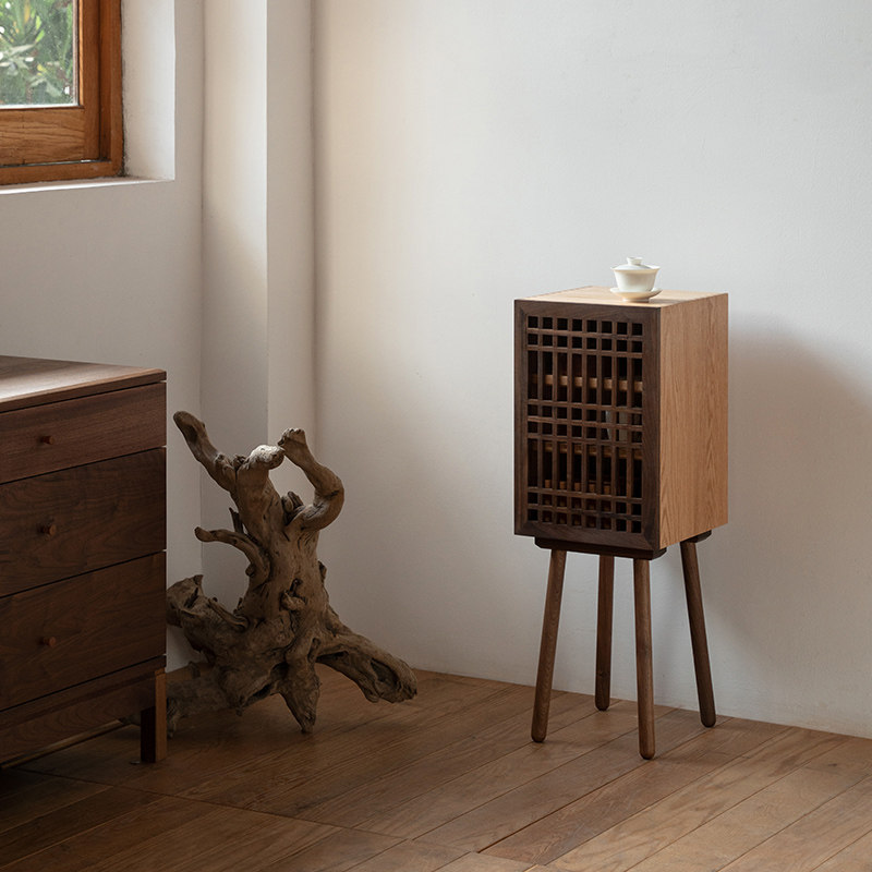 MUMO木墨 栅格柜 红橡木三层边柜可移动层板黑胡桃木栅格柜